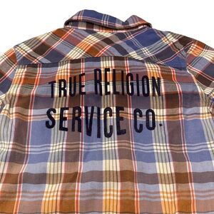 True Religion Youth Boys Button Down Plaid Shirt Logo On Back & Front Sz L